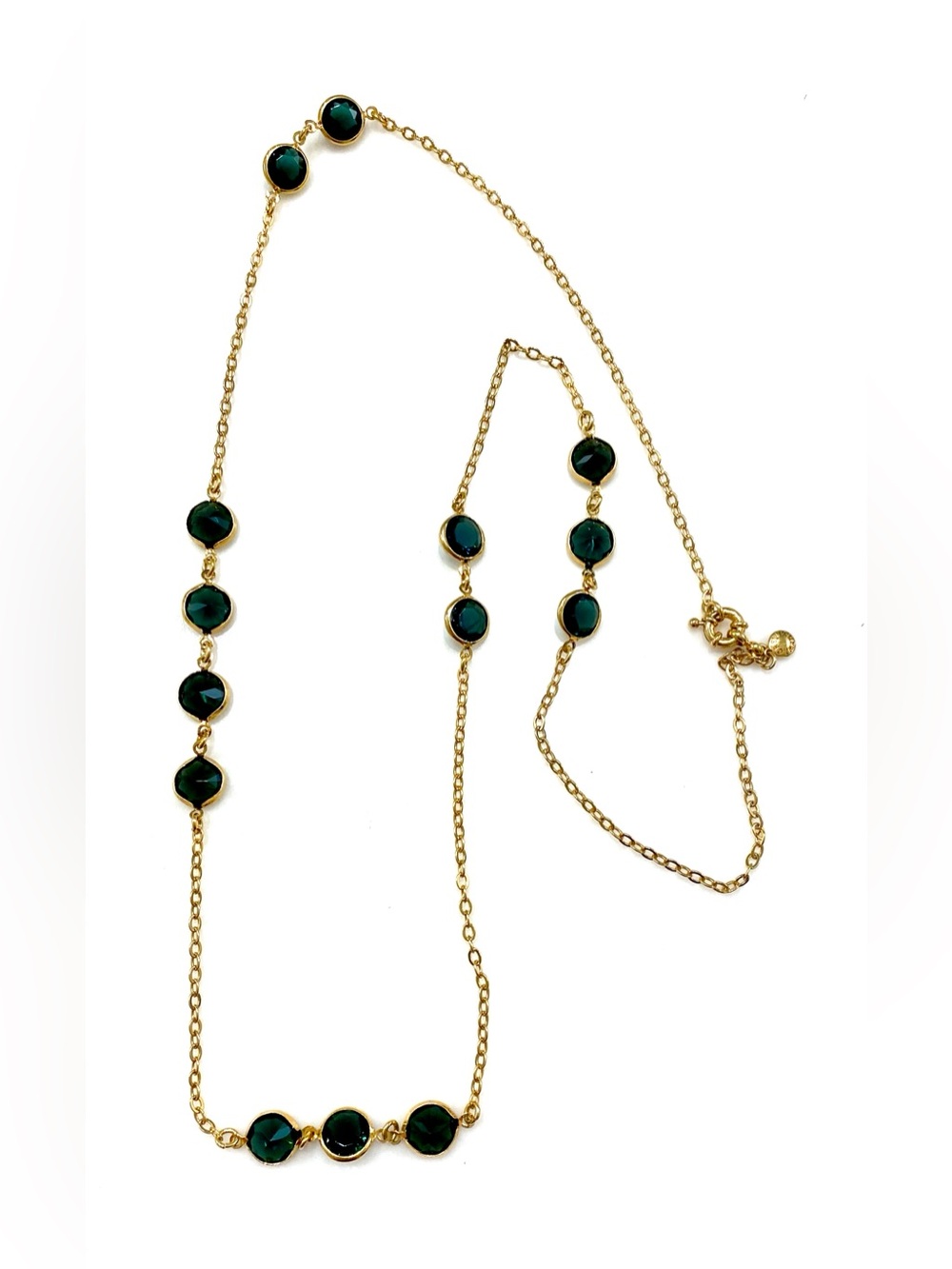 J.Crew Long Gold Tone Emerald Green Faceted Crystal Glass Bezel Necklace